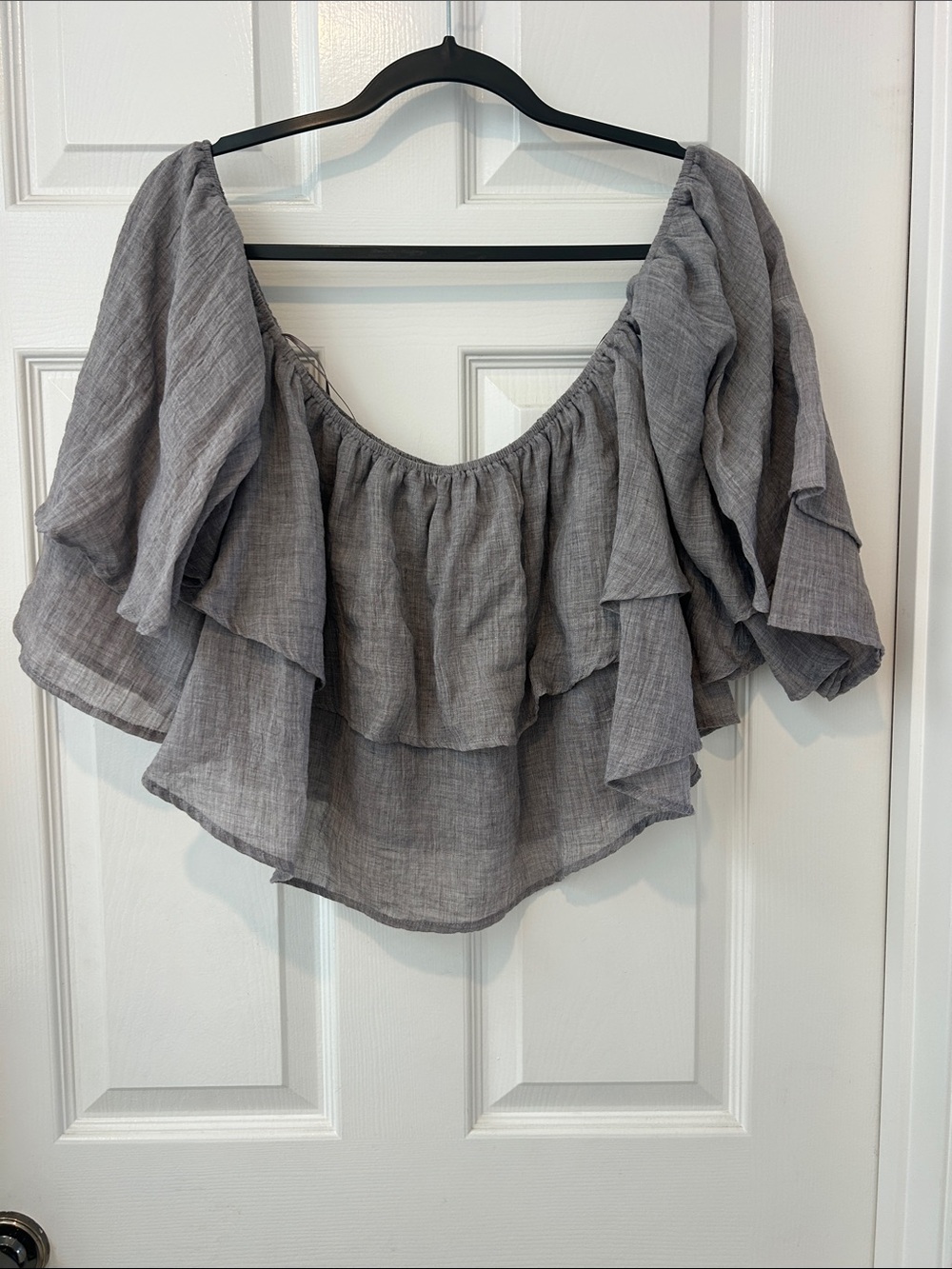 Fashion Nova Gray Layered Off-Shoulder Ruffle Blouse